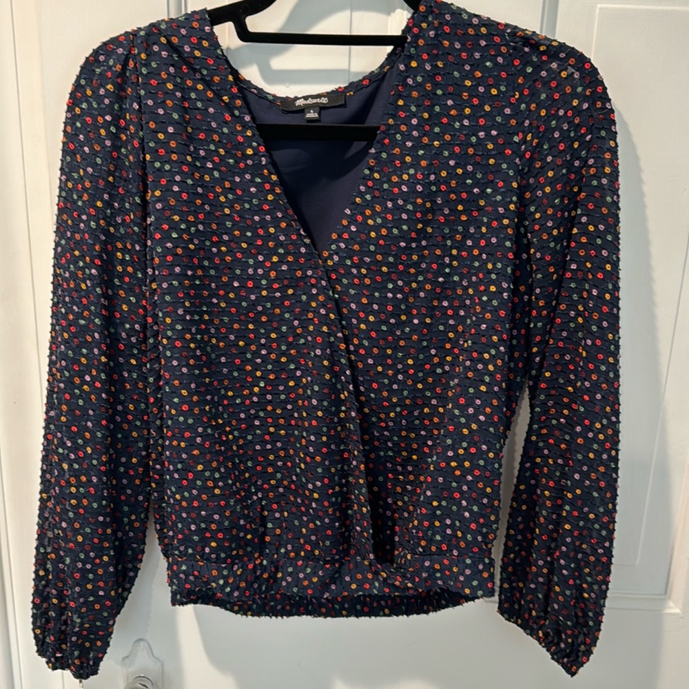Madewell polka dot blouse size small in navy multicolor dots